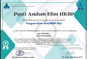 Foto 26. Piagam apresiasi dan ucapan terima kasih dari Panti Asuhan Elim HKBP kepada Punguan Koor Ama HKBP Slipi atas tali kasih sebesar Rp 5.000.000, diterbitkan di Pematangsiantar, 27 Juli 2026.